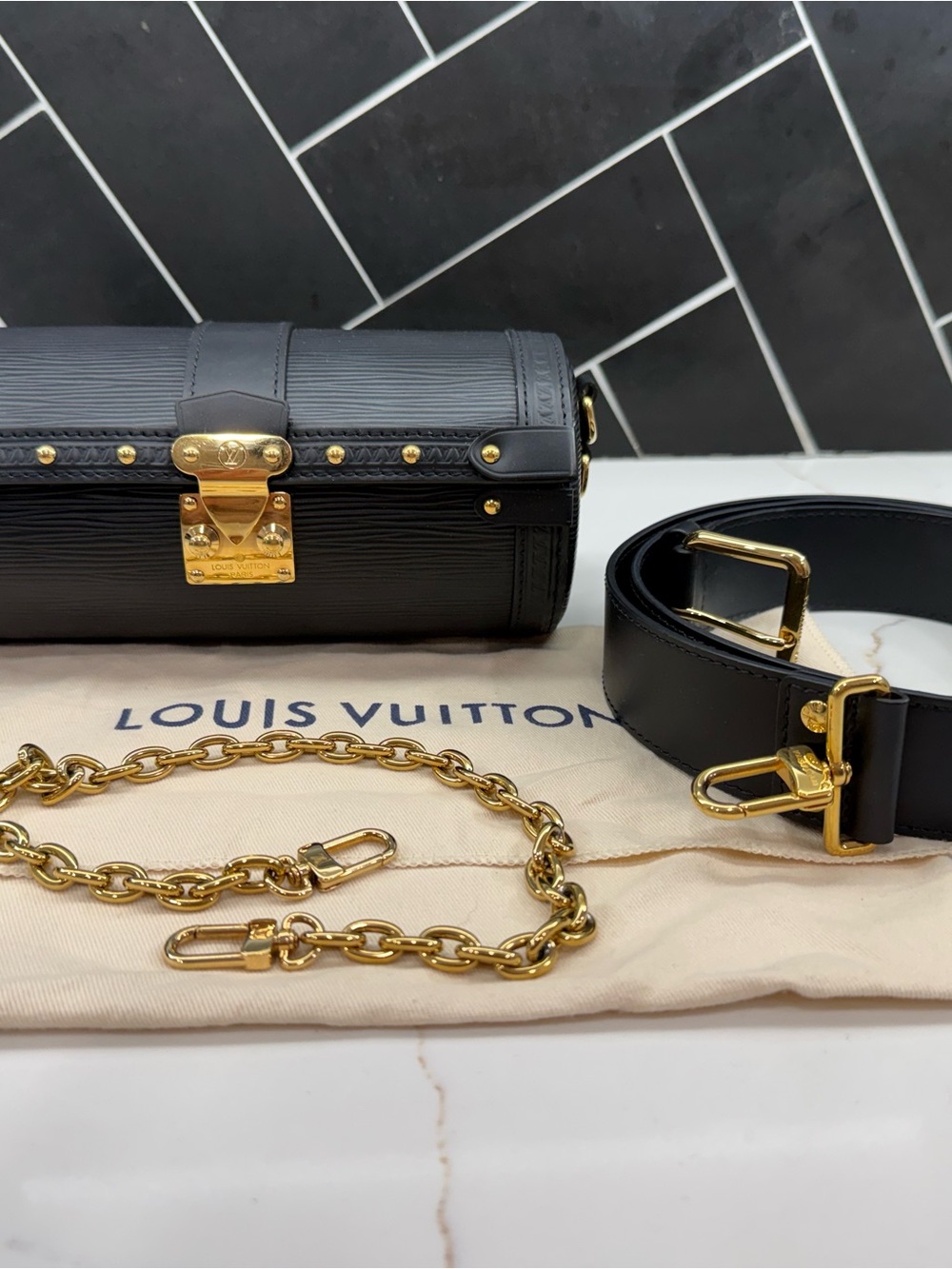 Louis Vuitton Black Epi Leather papillon Trunk bag with Gold Hardware